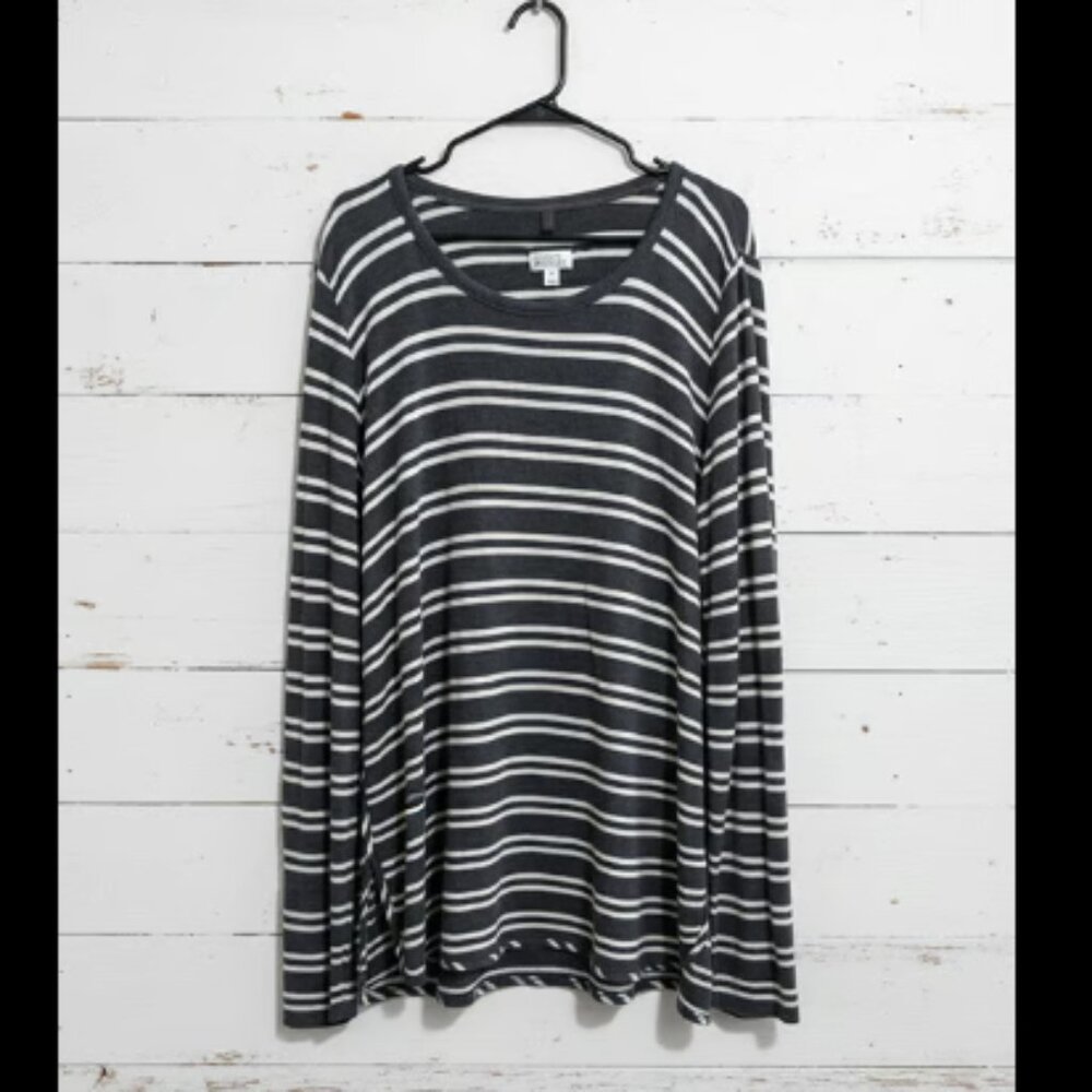 Market & Spruce 2X Plus Size Gray White Stripe Long Sleeve Top